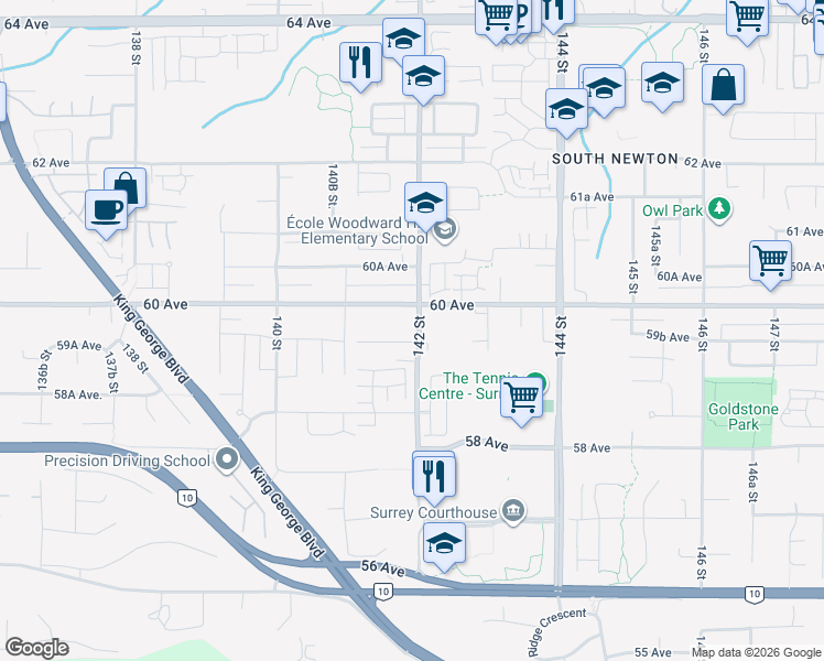 map of restaurants, bars, coffee shops, grocery stores, and more near 5973 142 Street in Surrey