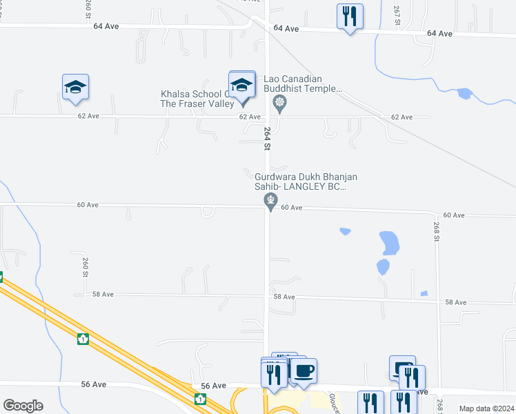 map of restaurants, bars, coffee shops, grocery stores, and more near 26258 60 Avenue in Langley