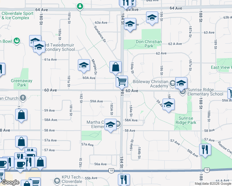 map of restaurants, bars, coffee shops, grocery stores, and more near 18372 60 Avenue in Surrey
