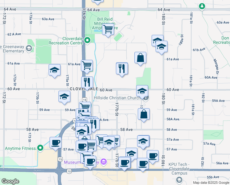 map of restaurants, bars, coffee shops, grocery stores, and more near in Surrey