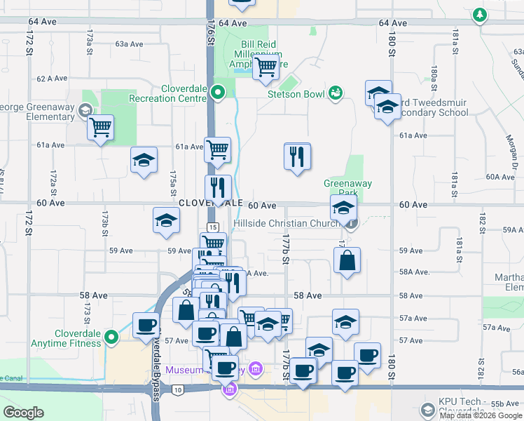 map of restaurants, bars, coffee shops, grocery stores, and more near 17720 60 Avenue in Surrey