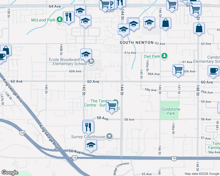 map of restaurants, bars, coffee shops, grocery stores, and more near 14358 60 Avenue in Surrey