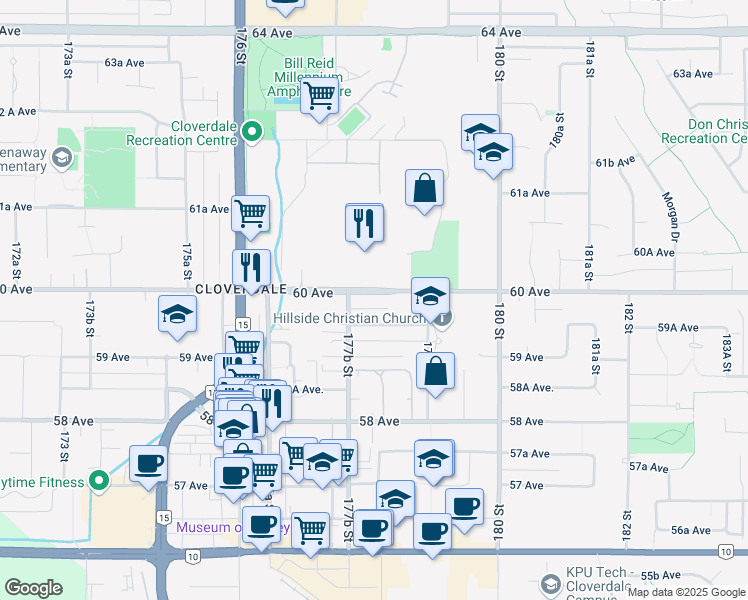 map of restaurants, bars, coffee shops, grocery stores, and more near 17804 60 Avenue in Surrey
