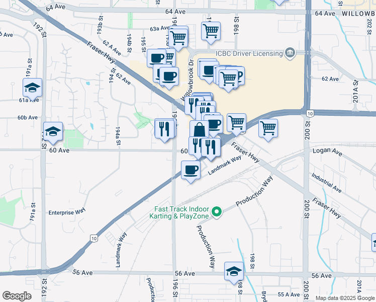 map of restaurants, bars, coffee shops, grocery stores, and more near 24244 60 Avenue in Langley