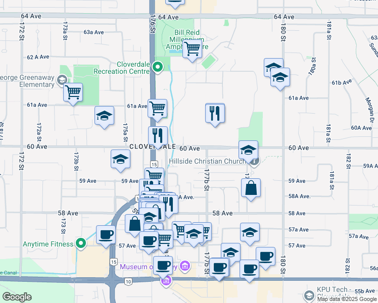 map of restaurants, bars, coffee shops, grocery stores, and more near 17712 60 Avenue in Surrey