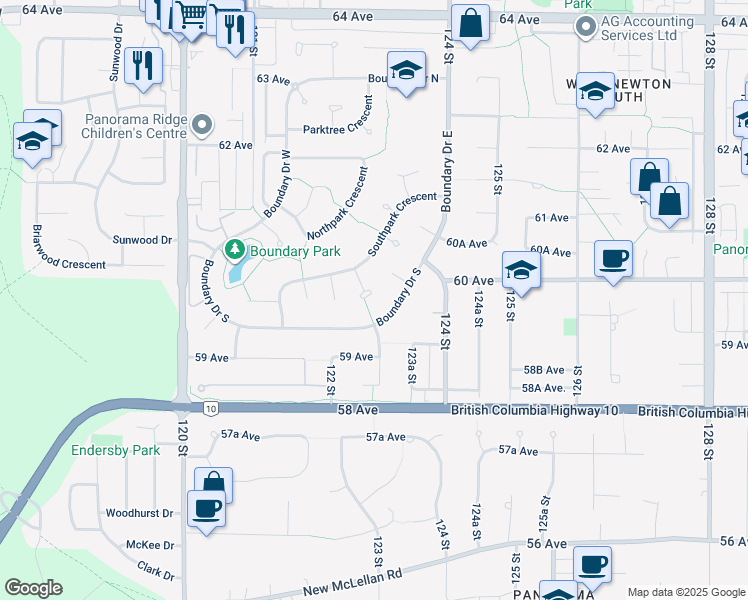 map of restaurants, bars, coffee shops, grocery stores, and more near 5976 Southpark Grove in Surrey