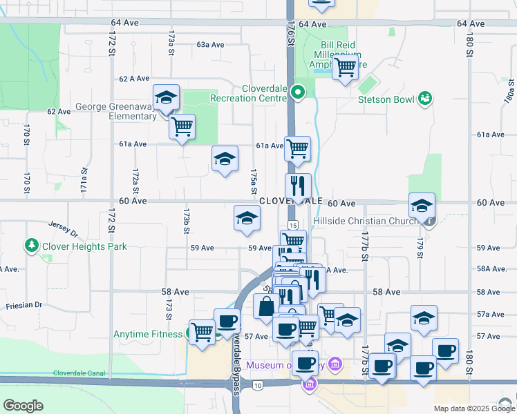 map of restaurants, bars, coffee shops, grocery stores, and more near 17528 60 Avenue in Surrey