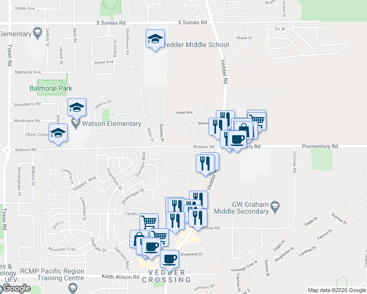 map of restaurants, bars, coffee shops, grocery stores, and more near 45630 Watson Road in Chilliwack