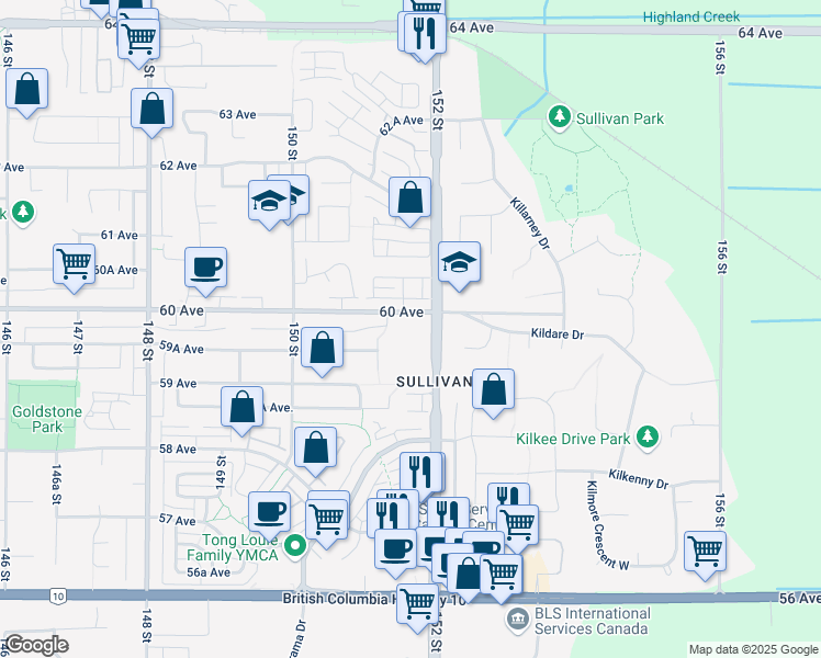 map of restaurants, bars, coffee shops, grocery stores, and more near 15170 60 Avenue in Surrey