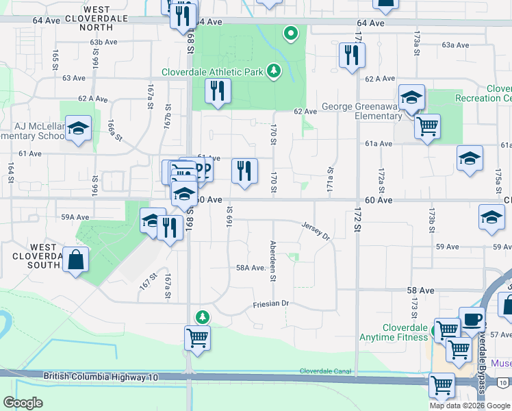 map of restaurants, bars, coffee shops, grocery stores, and more near 16954 60 Avenue in Surrey