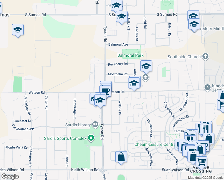 map of restaurants, bars, coffee shops, grocery stores, and more near 45141 Watson Road in Chilliwack