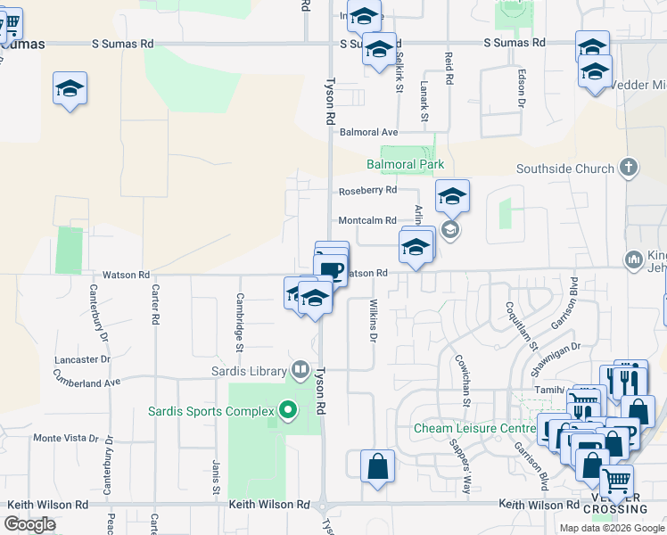 map of restaurants, bars, coffee shops, grocery stores, and more near 6010 Tyson Road in Chilliwack