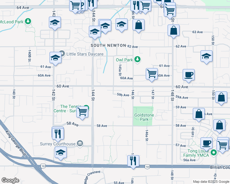 map of restaurants, bars, coffee shops, grocery stores, and more near 14513 59B Avenue in Surrey