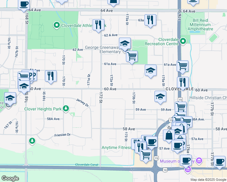 map of restaurants, bars, coffee shops, grocery stores, and more near 17260 60 Avenue in Surrey