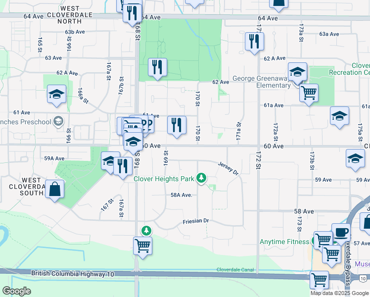 map of restaurants, bars, coffee shops, grocery stores, and more near 16954 60 Avenue in Surrey