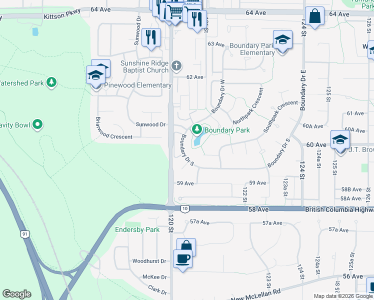 map of restaurants, bars, coffee shops, grocery stores, and more near 12051 Boundary Drive South in Surrey