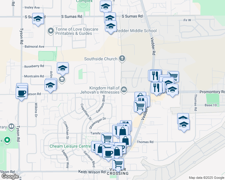 map of restaurants, bars, coffee shops, grocery stores, and more near 45569 Watson Road in Chilliwack