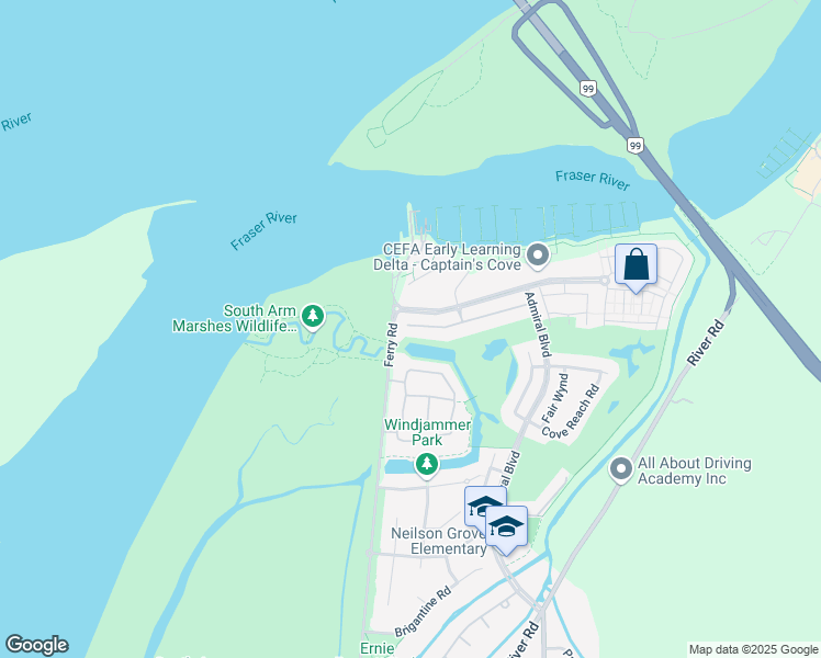 map of restaurants, bars, coffee shops, grocery stores, and more near 6050 Ferry Road in Delta