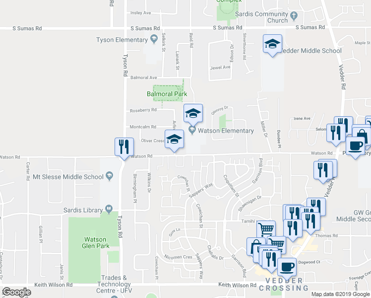 map of restaurants, bars, coffee shops, grocery stores, and more near 45279 Watson Road in Chilliwack