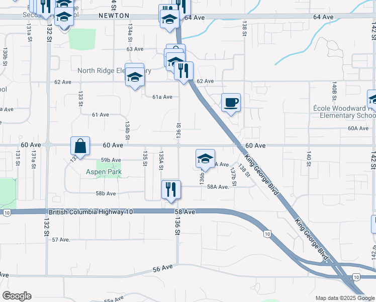 map of restaurants, bars, coffee shops, grocery stores, and more near 13630 60 Avenue in Surrey