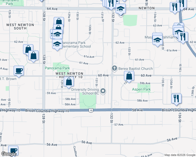 map of restaurants, bars, coffee shops, grocery stores, and more near 5992 131 Street in Surrey