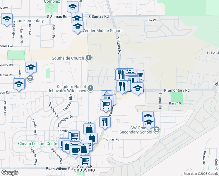 map of restaurants, bars, coffee shops, grocery stores, and more near 45757 Watson Road in Chilliwack