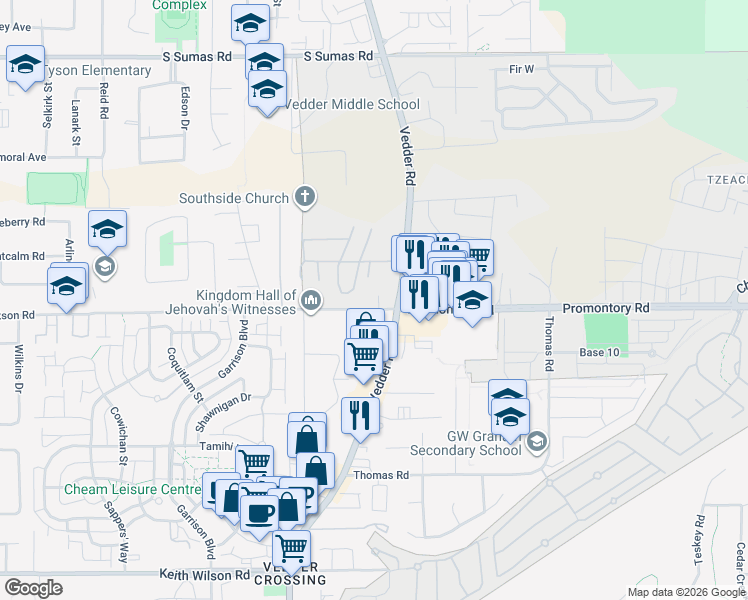 map of restaurants, bars, coffee shops, grocery stores, and more near 45757 Watson Road in Chilliwack