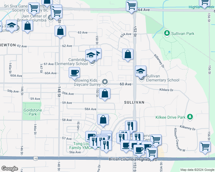 map of restaurants, bars, coffee shops, grocery stores, and more near 15062 60 Avenue in Surrey