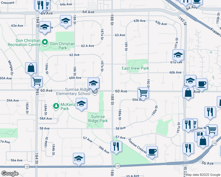 map of restaurants, bars, coffee shops, grocery stores, and more near 18791 60 Avenue in Surrey