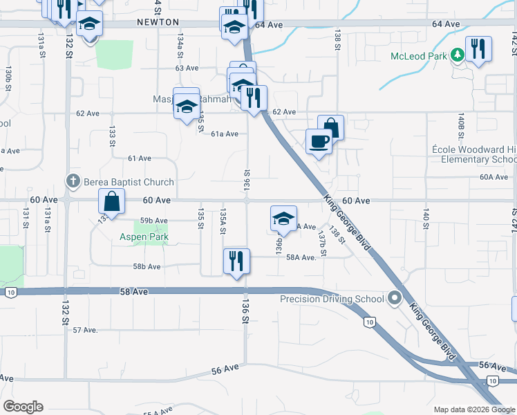 map of restaurants, bars, coffee shops, grocery stores, and more near 13630 60 Avenue in Surrey