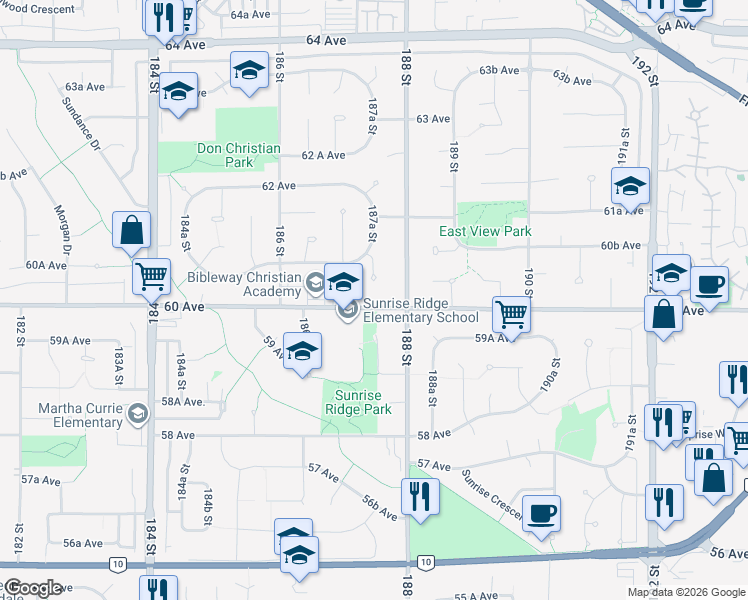 map of restaurants, bars, coffee shops, grocery stores, and more near 18753 60 Avenue in Surrey