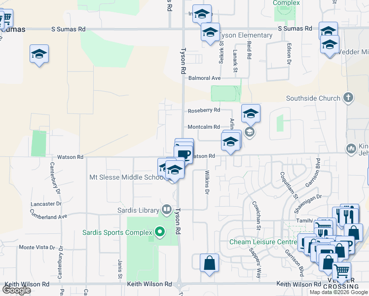 map of restaurants, bars, coffee shops, grocery stores, and more near 6020 Tyson Road in Chilliwack