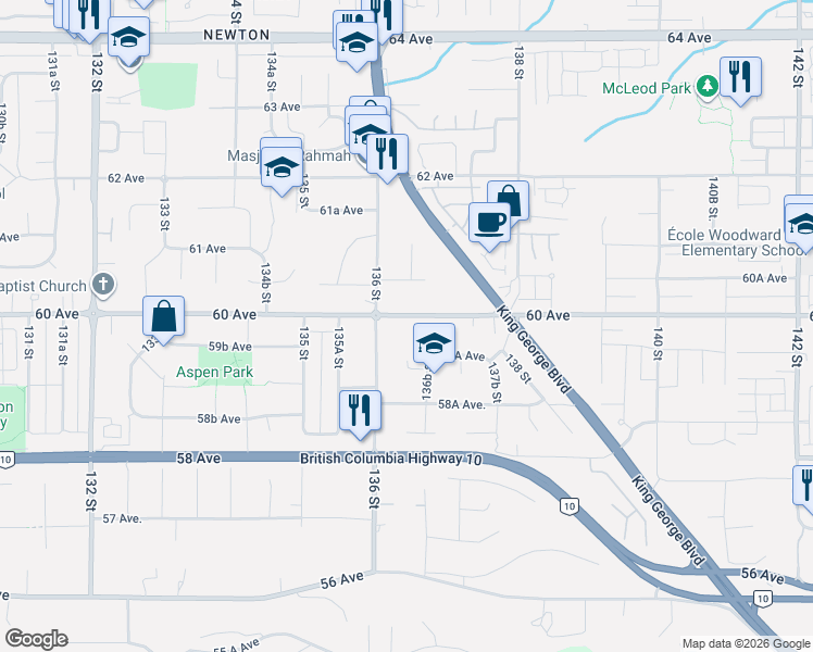 map of restaurants, bars, coffee shops, grocery stores, and more near 60 Avenue in Surrey