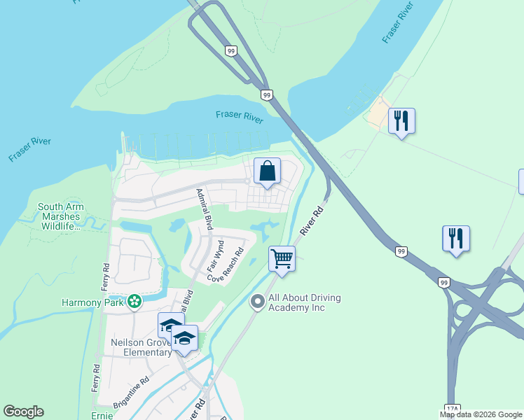 map of restaurants, bars, coffee shops, grocery stores, and more near 5550 Admiral Way in Delta
