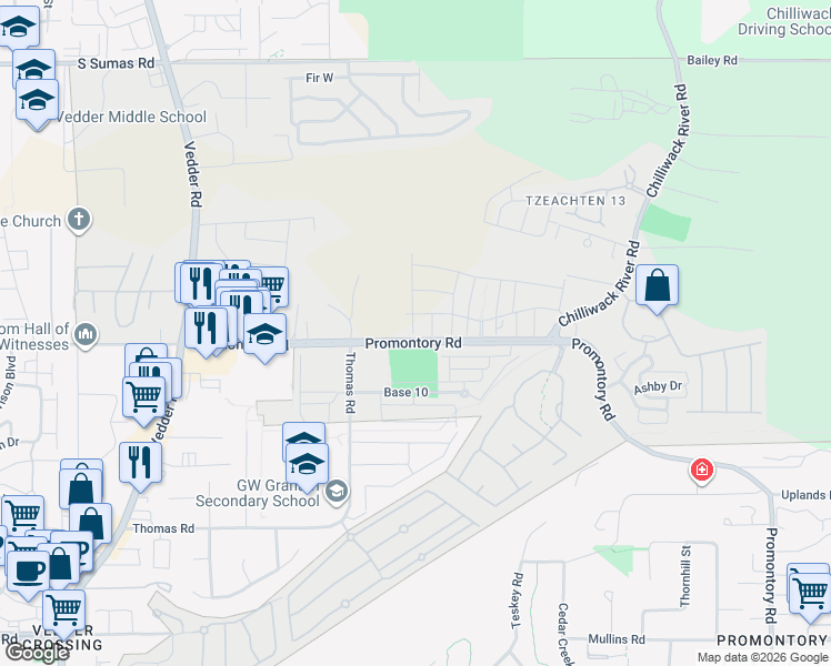 map of restaurants, bars, coffee shops, grocery stores, and more near 46110 Promontory Road in Chilliwack