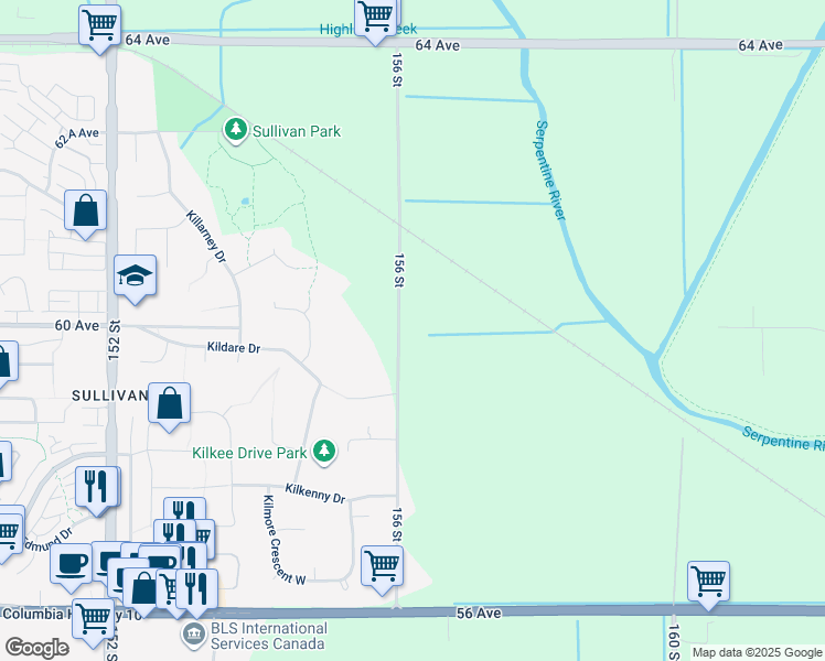 map of restaurants, bars, coffee shops, grocery stores, and more near 10850 156 Street in Surrey