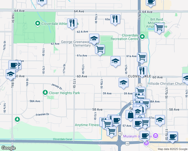 map of restaurants, bars, coffee shops, grocery stores, and more near in Surrey