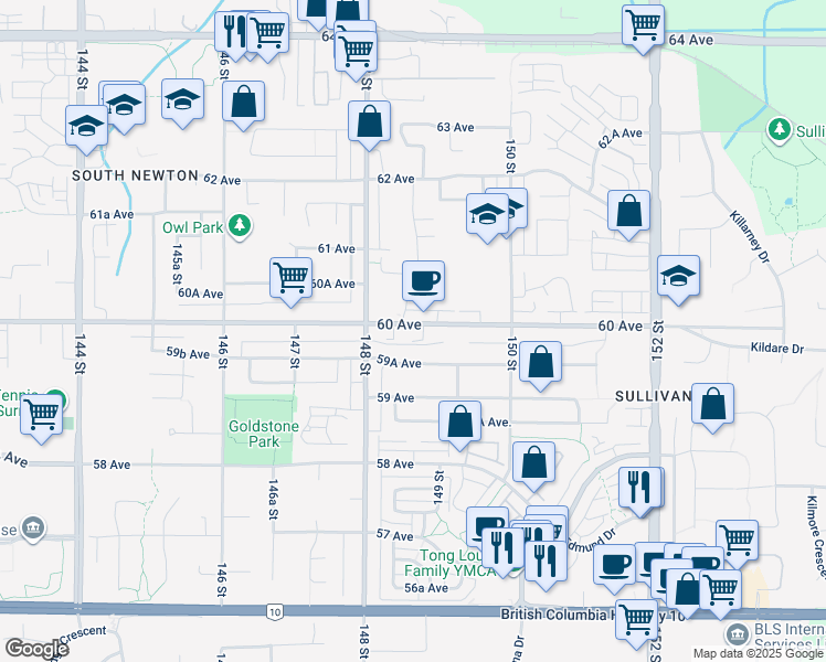 map of restaurants, bars, coffee shops, grocery stores, and more near in Surrey