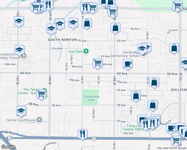 map of restaurants, bars, coffee shops, grocery stores, and more near 14670 60 Avenue in Surrey