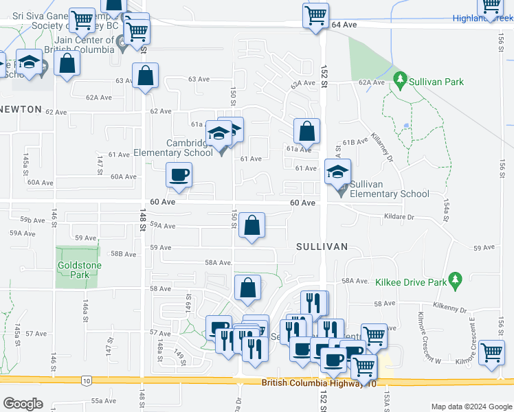 map of restaurants, bars, coffee shops, grocery stores, and more near 15058 60 Avenue in Surrey