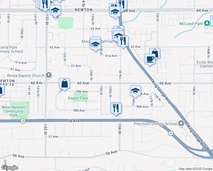 map of restaurants, bars, coffee shops, grocery stores, and more near 13530 60 Avenue in Surrey