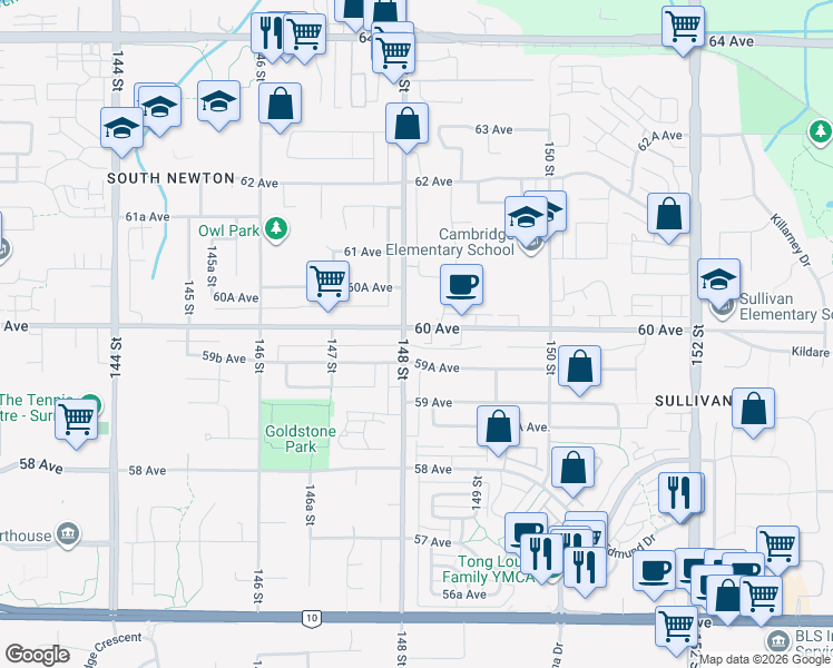 map of restaurants, bars, coffee shops, grocery stores, and more near 14818 60 Avenue in Surrey