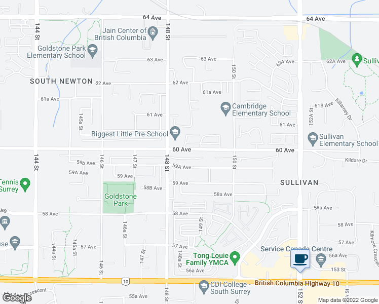map of restaurants, bars, coffee shops, grocery stores, and more near 14838 60 Avenue in Surrey