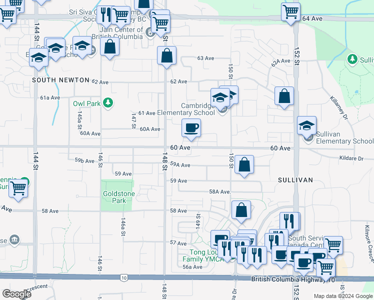 map of restaurants, bars, coffee shops, grocery stores, and more near 14858 60 Avenue in Surrey