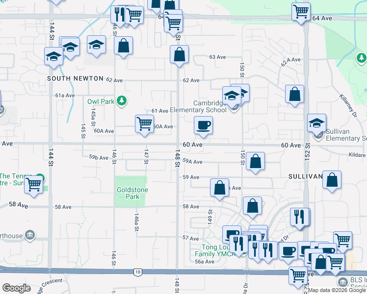 map of restaurants, bars, coffee shops, grocery stores, and more near 14818 60 Avenue in Surrey