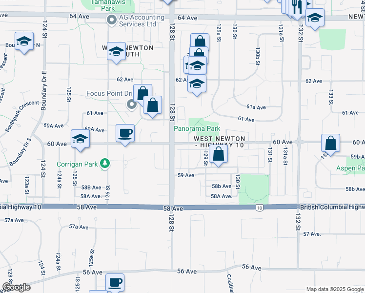 map of restaurants, bars, coffee shops, grocery stores, and more near 12838 60 Avenue in Surrey