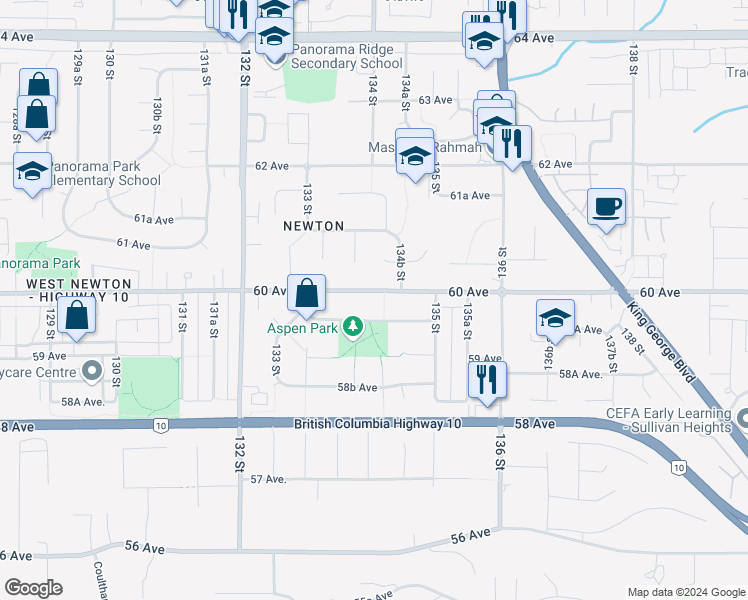 map of restaurants, bars, coffee shops, grocery stores, and more near 13414 60 Avenue in Surrey