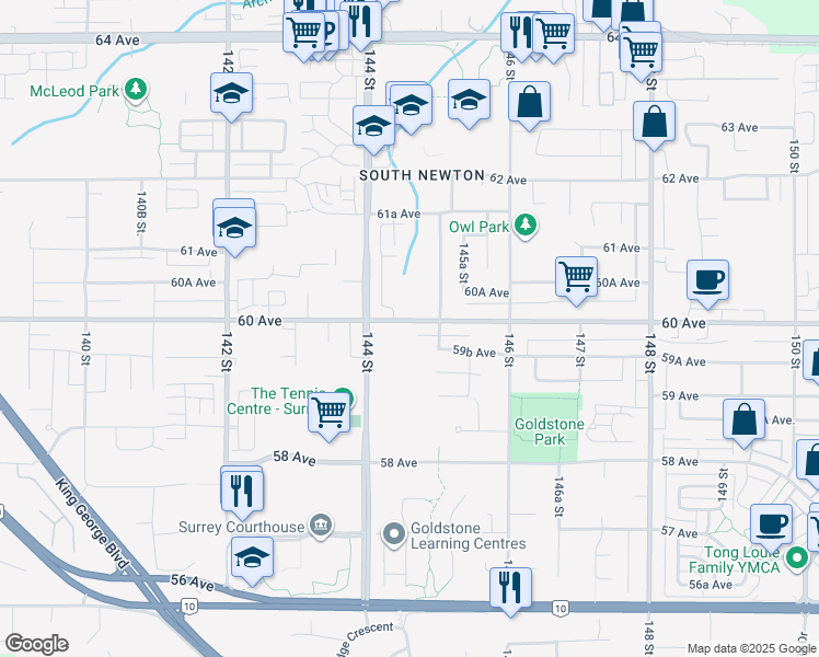 map of restaurants, bars, coffee shops, grocery stores, and more near 14454 60 Avenue in Surrey