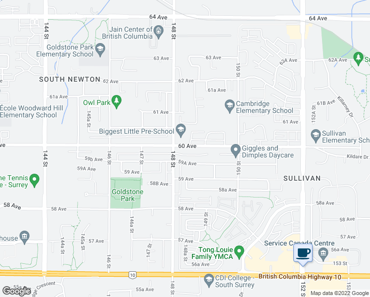 map of restaurants, bars, coffee shops, grocery stores, and more near 14838 60 Avenue in Surrey