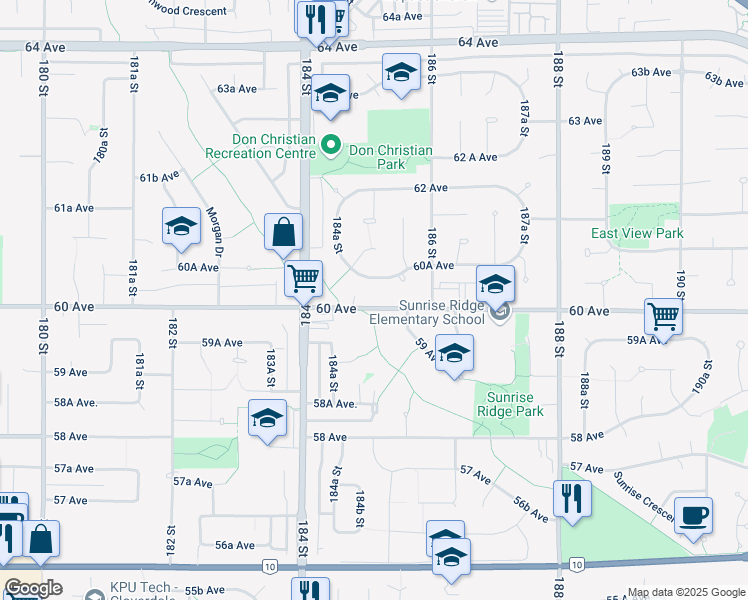 map of restaurants, bars, coffee shops, grocery stores, and more near 18503 60 Avenue in Surrey